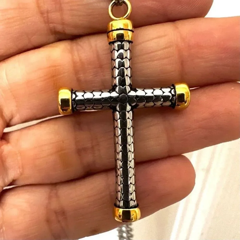 Gold tone stainless steel cross pendant necklace